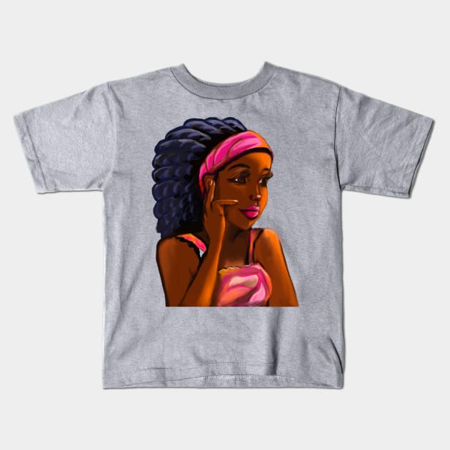 Afro queen in pink headband ii- Mahagony brown skin girl with thick glorious afro dreadlocks in her hair Kids T-Shirt by Artonmytee